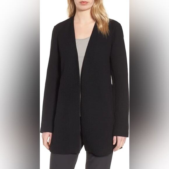 Eileen Fisher Black Geometric Cardi Jacket Small Stretch Textured Open Lagenlook - Picture 11 of 15